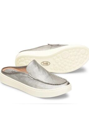 Sofft Somers Moc Pewter Silver Metallic Leather Sneaker Mules Size 7.5 Slip-On